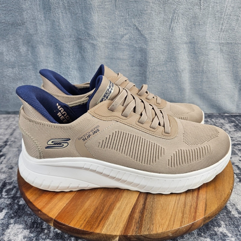 Skechers BOBS Hands Free Slip-ins Mens 9.5 Wide Taupe White Navy Shoes 118312W